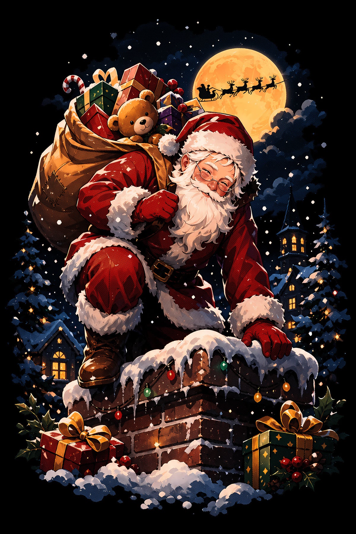 Christmas Halftone 011 - Santa on the Snowy Chimney - DTF transfer on black preview background