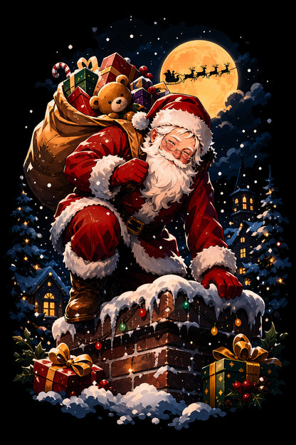Christmas Halftone 011 - Santa on the Snowy Chimney - DTF transfer on black preview background