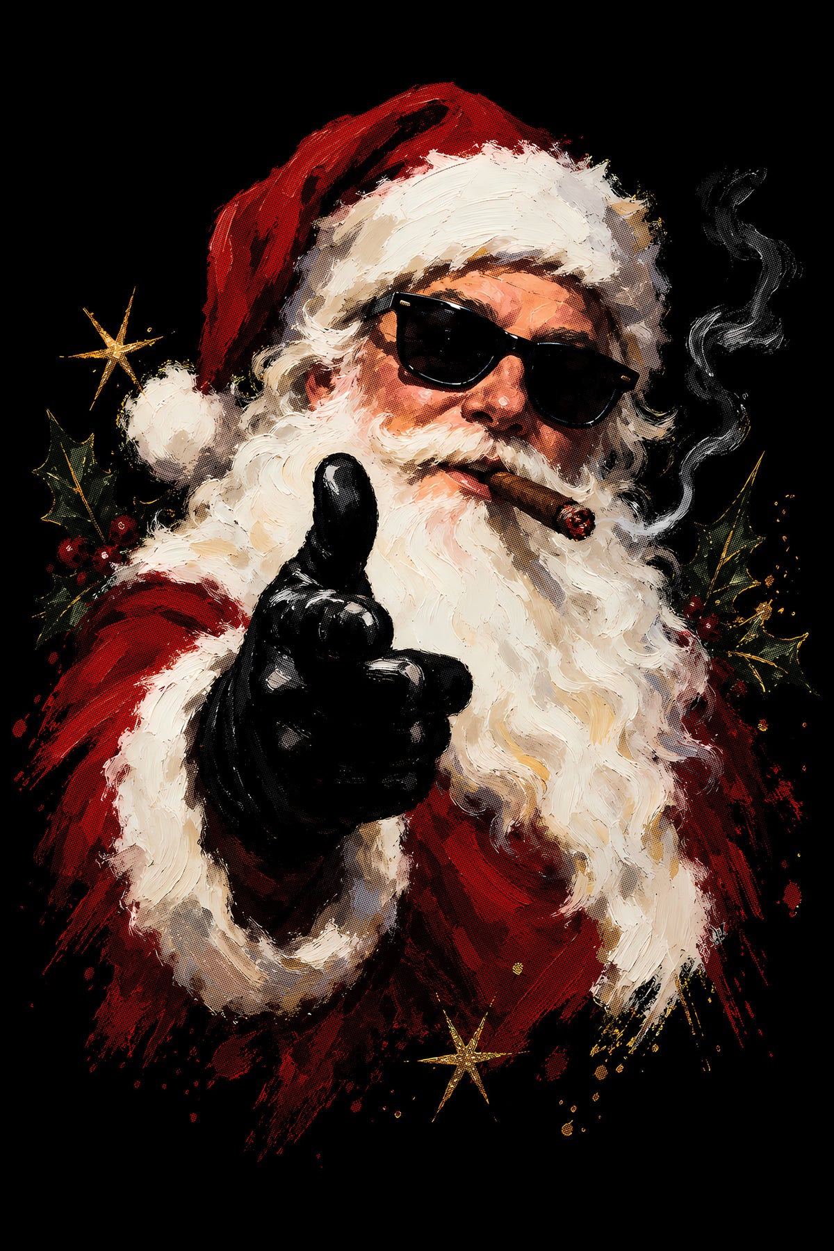 Christmas Halftone 012 - Cool Santa in Sunglasses - DTF transfer on black preview background
