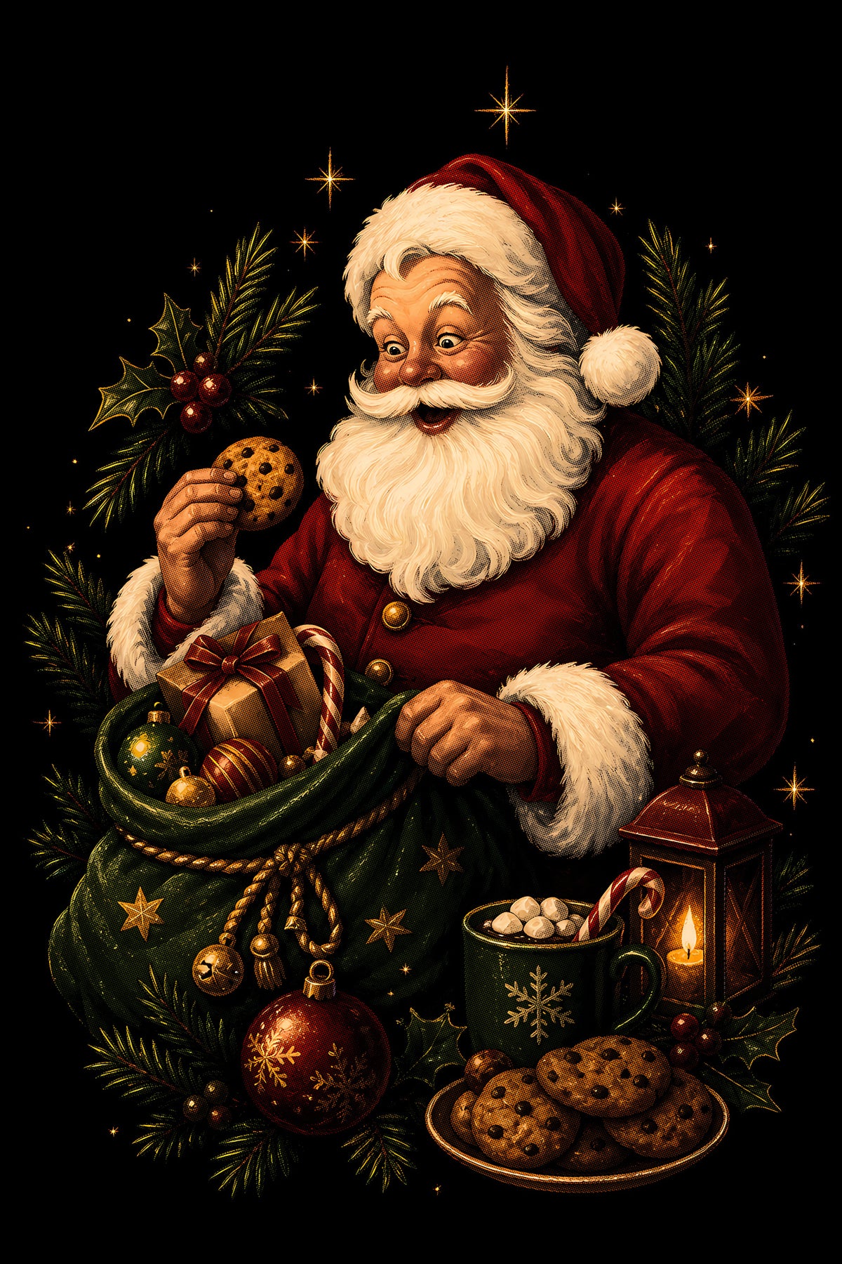 Christmas Halftone 013 - Santa's Cookies and Cocoa - DTF transfer on black preview background