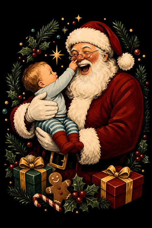 Christmas Halftone 015 - Santa and the Laughing Baby - DTF transfer on black preview background