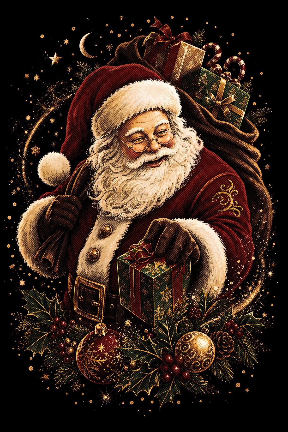 Christmas Halftone 016 - Santa with a Christmas Present - DTF transfer on black preview background