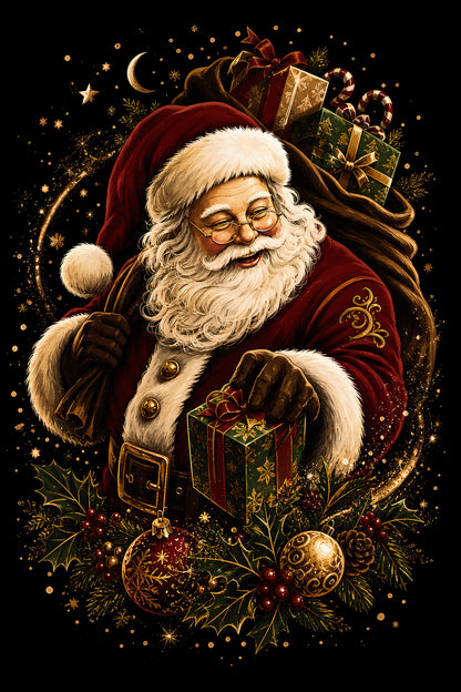 Christmas Halftone 016 - Santa with a Christmas Present - DTF transfer on black preview background