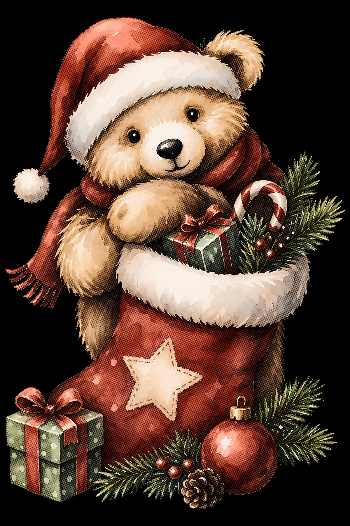 Christmas Halftone 017 - Teddy Bear in a Christmas Stocking - DTF transfer on black preview background