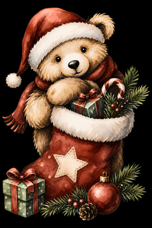 Christmas Halftone 017 - Teddy Bear in a Christmas Stocking - DTF transfer on black preview background