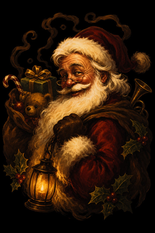 Christmas Halftone 018 - Old World Santa by Lantern Light - DTF transfer on black preview background