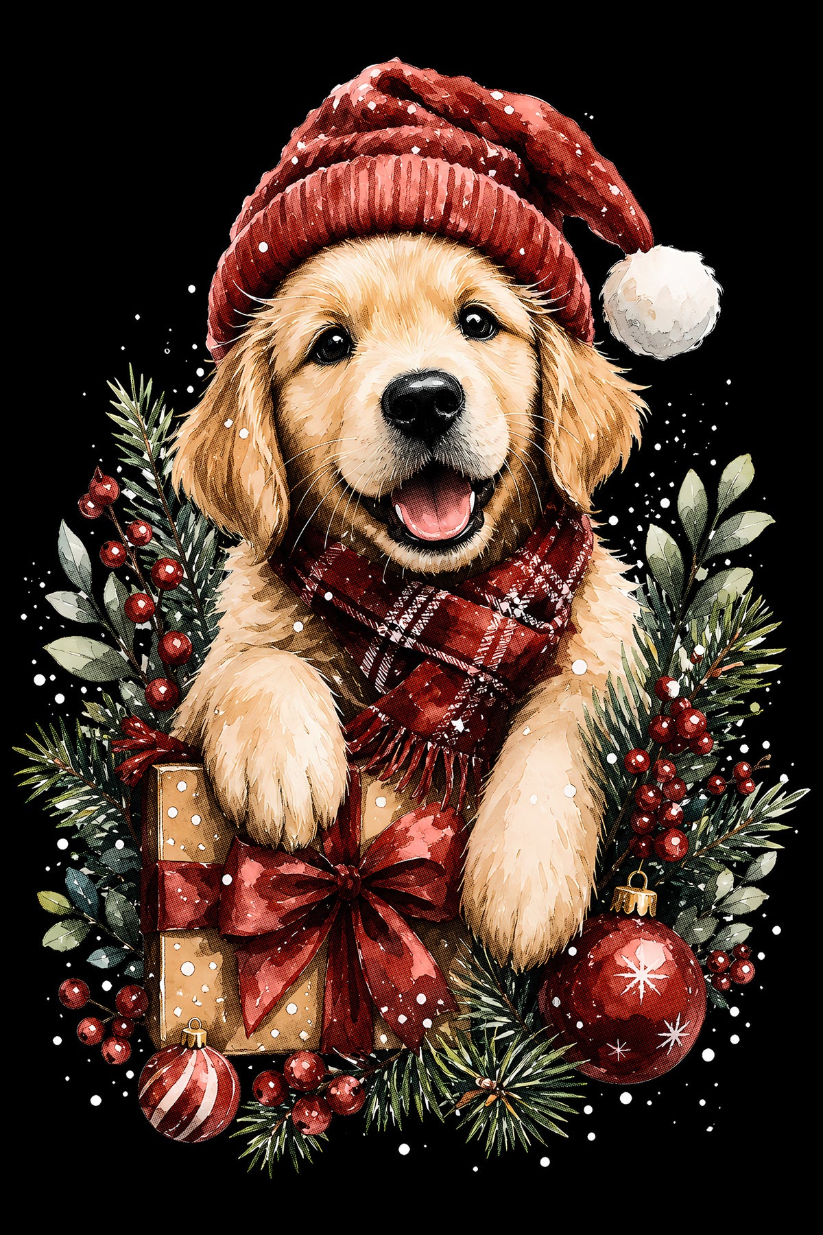 Christmas Halftone 020 - Golden Puppy Christmas Gift - DTF transfer on black preview background