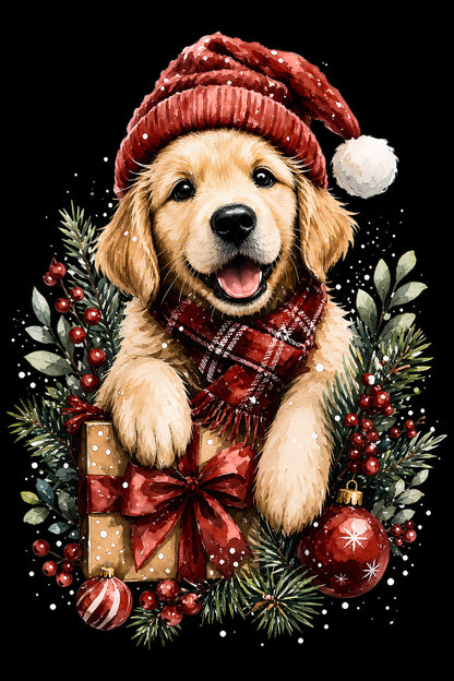 Christmas Halftone 020 - Golden Puppy Christmas Gift - DTF transfer on black preview background