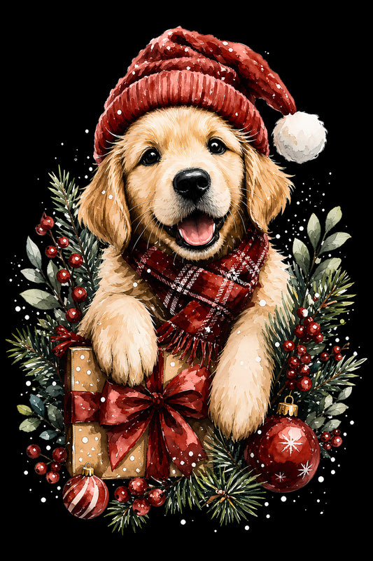 Christmas Halftone 020 - Golden Puppy Christmas Gift - DTF transfer on black preview background