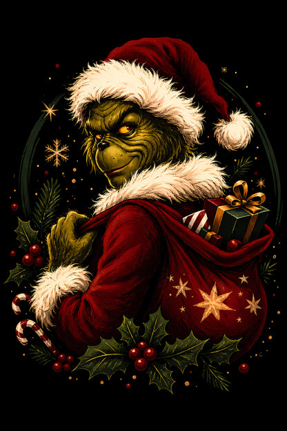 Christmas Halftone 021 - Christmas Grump with a Gift Sack - DTF transfer on black preview background