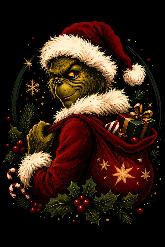 Christmas Halftone 021 - Christmas Grump with a Gift Sack - DTF transfer on black preview background