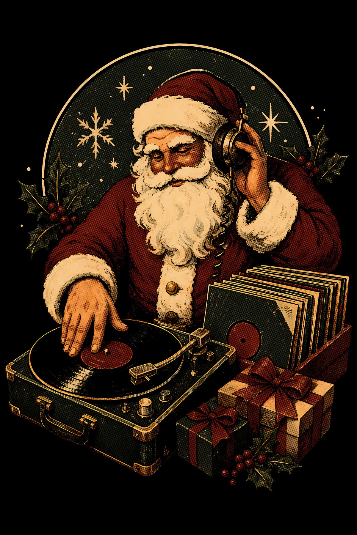 Christmas Halftone 022 - DJ Santa Spinning Christmas Records - DTF transfer on black preview background