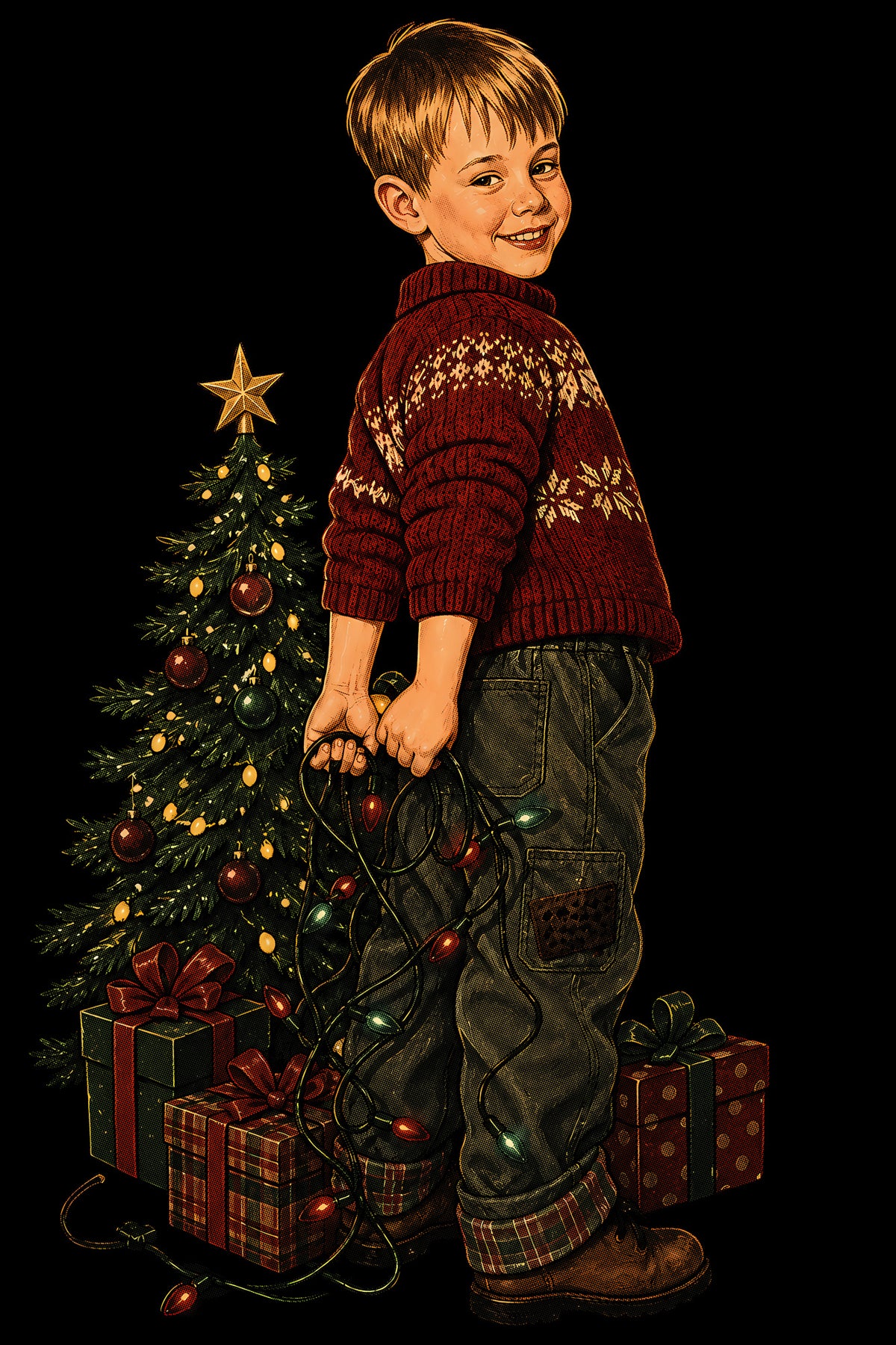 Christmas Halftone 023 - Boy with Christmas Tree Lights - DTF transfer on black preview background
