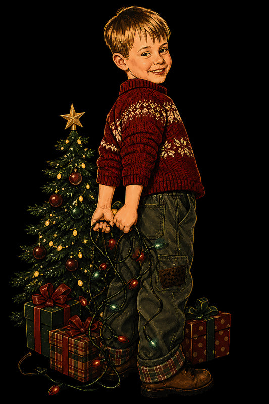 Christmas Halftone 023 - Boy with Christmas Tree Lights - DTF transfer on black preview background