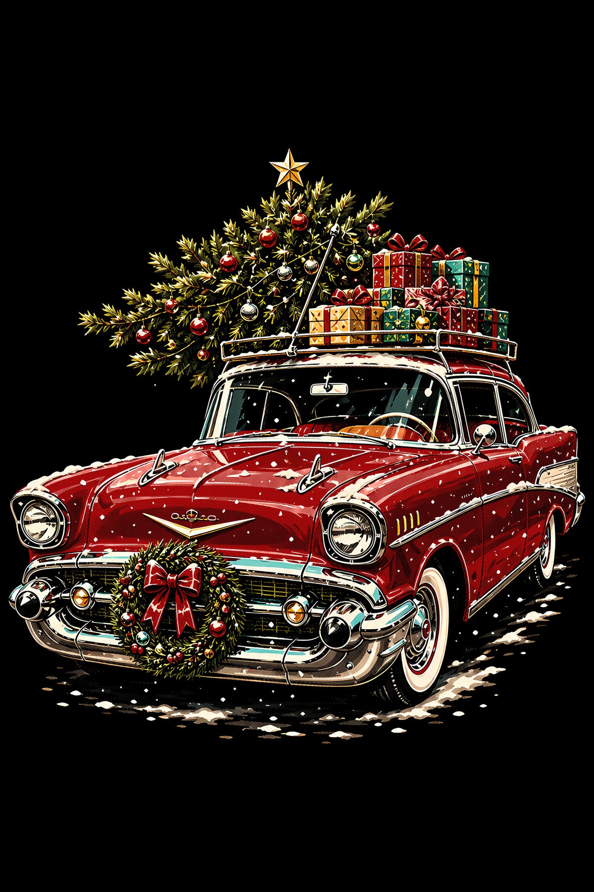 Christmas Halftone 024 - Red Classic Car Christmas Delivery - DTF transfer on black preview background