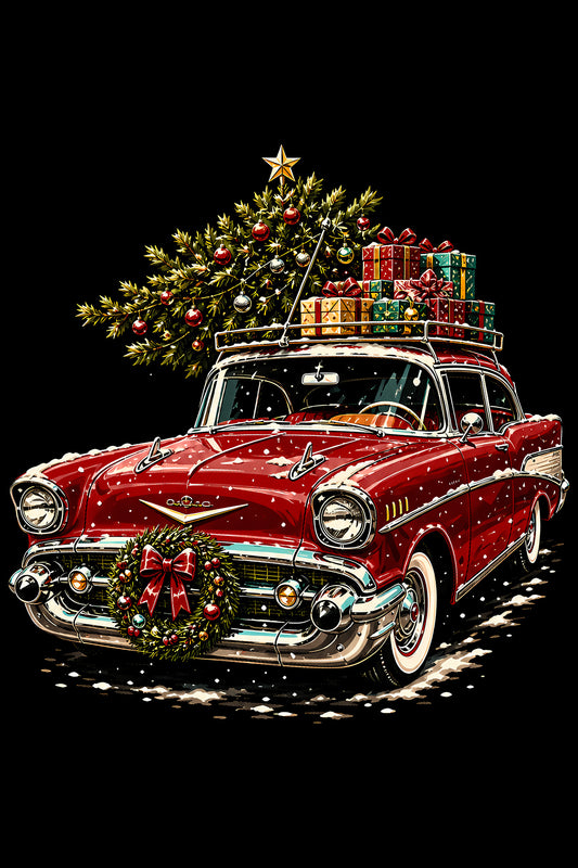 Christmas Halftone 024 - Red Classic Car Christmas Delivery - DTF transfer on black preview background