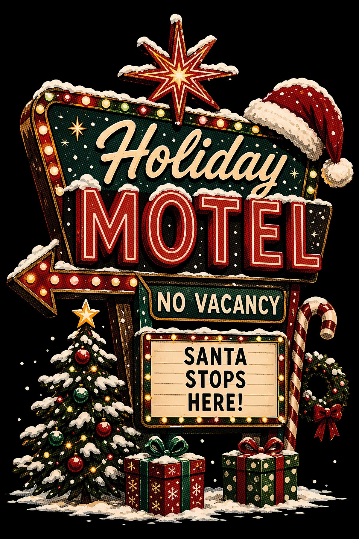 Christmas Halftone 025 - Holiday Motel Christmas Sign - DTF transfer on black preview background