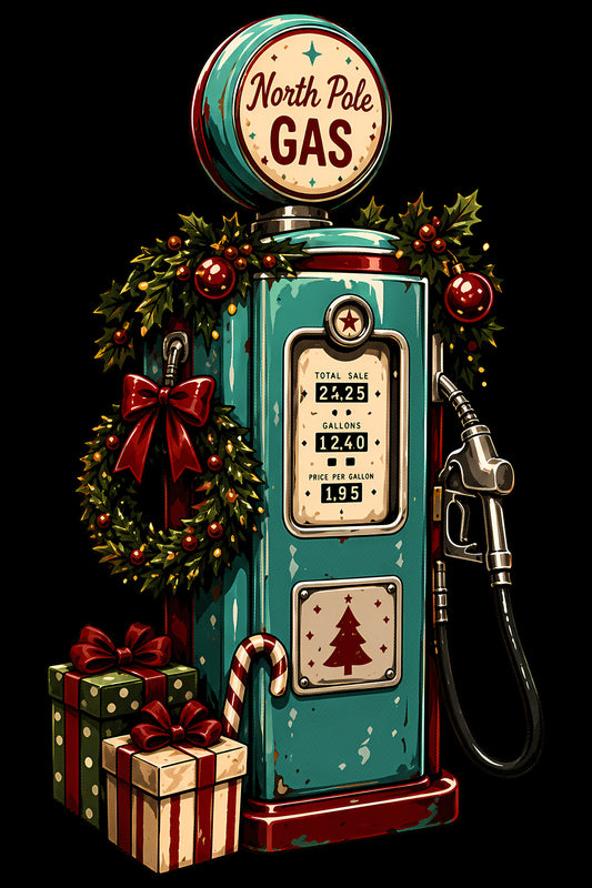 Christmas Halftone 026 - North Pole Gas Christmas Pump - DTF transfer on black preview background