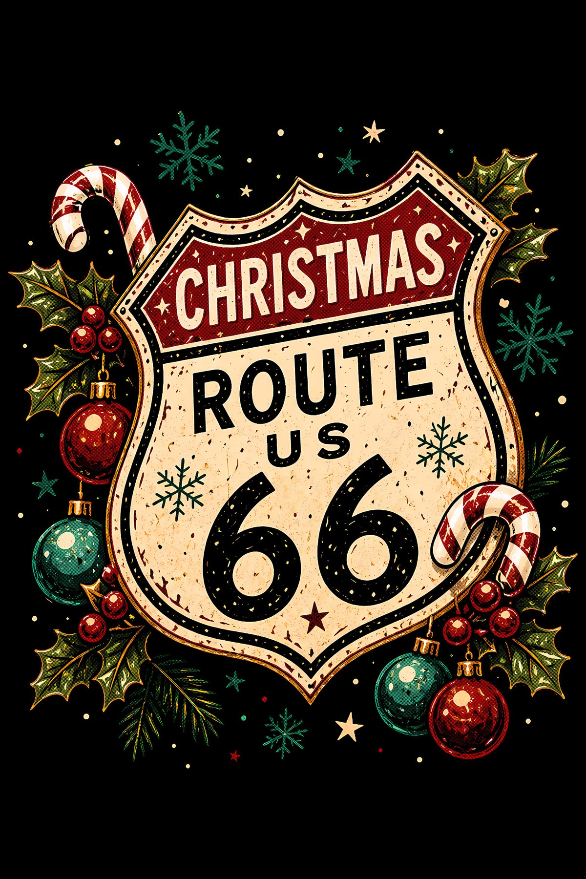 Christmas Halftone 027 - Christmas Route 66 Sign - DTF transfer on black preview background