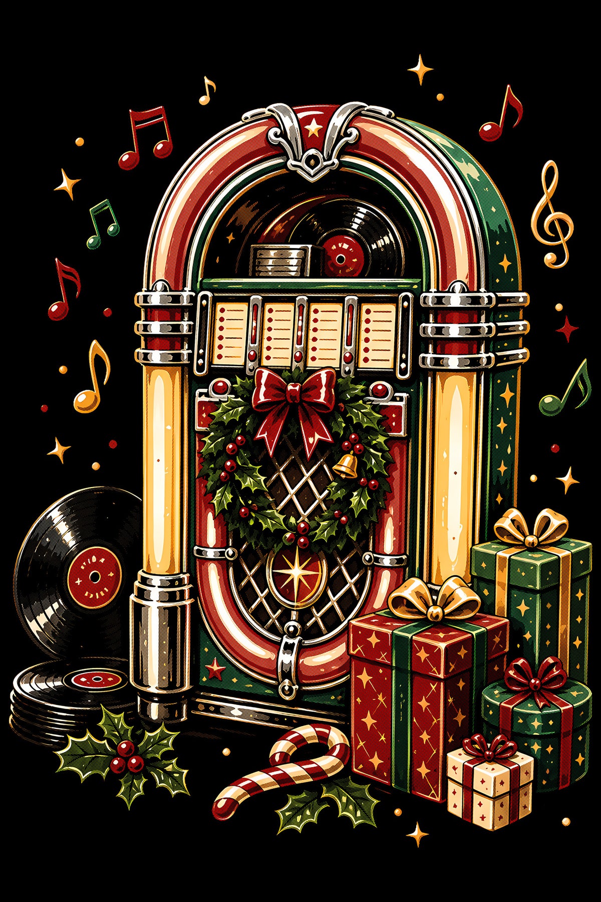 Christmas Halftone 028 - Rockin' Christmas Jukebox - DTF transfer on black preview background