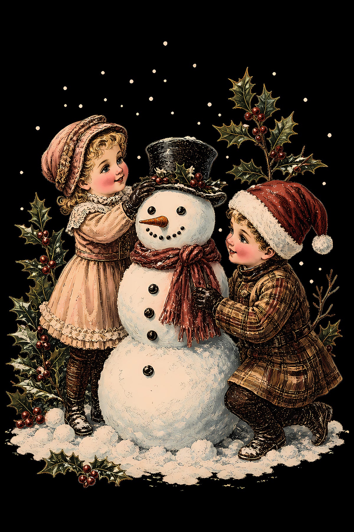 Christmas Halftone 029 - Children Building a Christmas Snowman - DTF transfer on black preview background