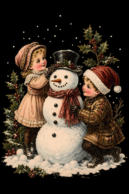 Christmas Halftone 029 - Children Building a Christmas Snowman - DTF transfer on black preview background