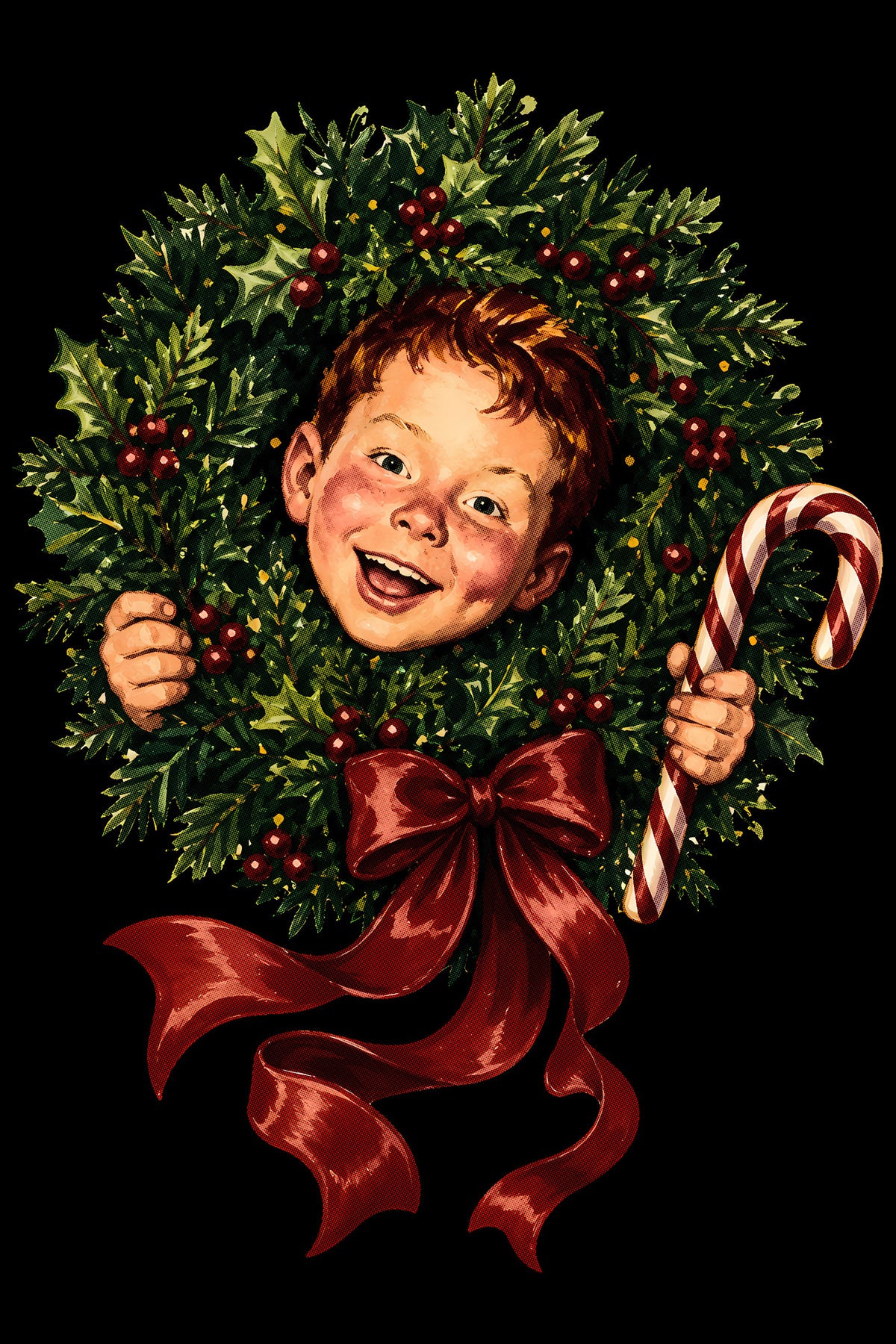 Christmas Halftone 030 - Christmas Child in a Holly Wreath - DTF transfer on black preview background