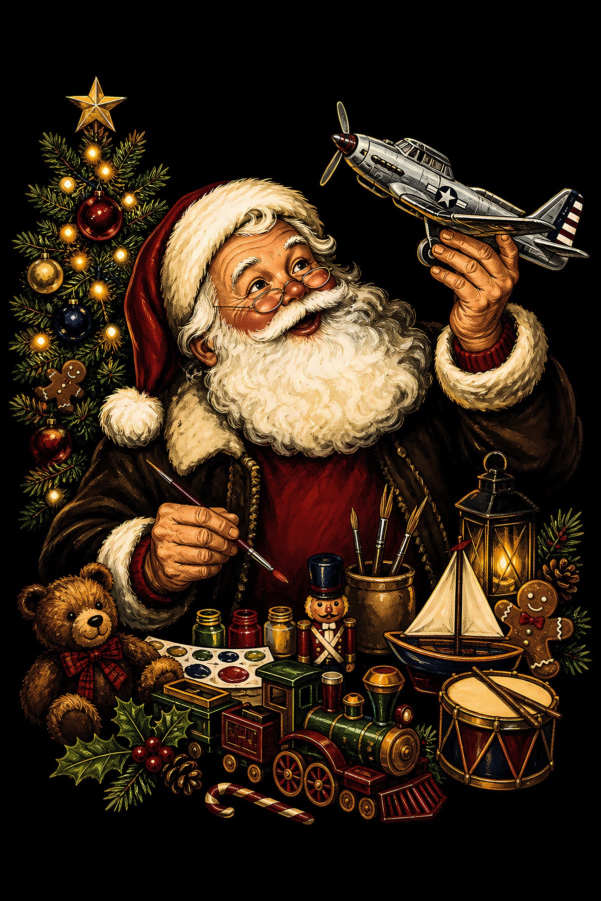 Christmas Halftone 032 - Santa's Toy Workshop - DTF transfer on black preview background