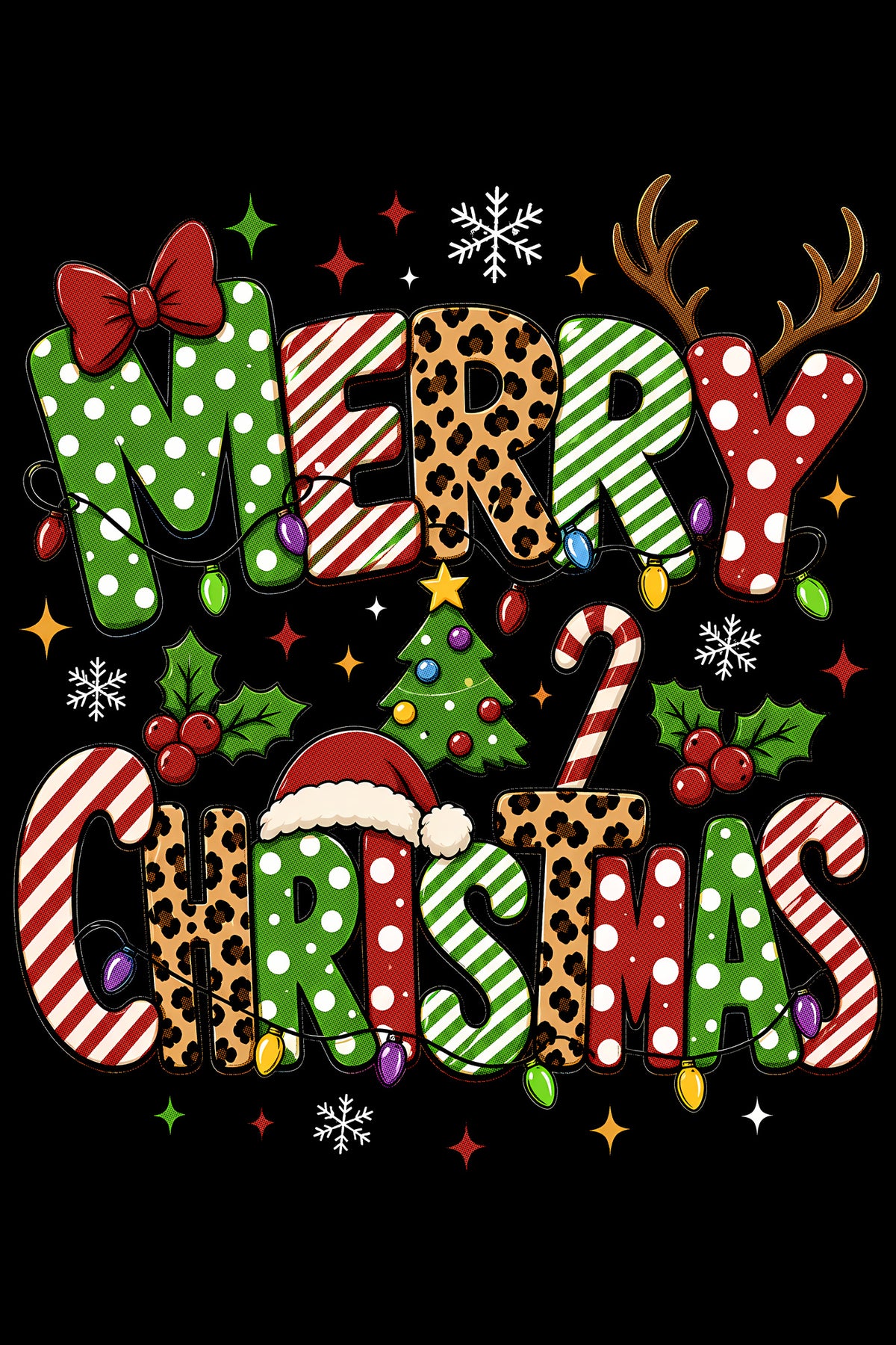 Christmas Halftone 034 - Merry Christmas Patterned Lettering - DTF transfer on black preview background