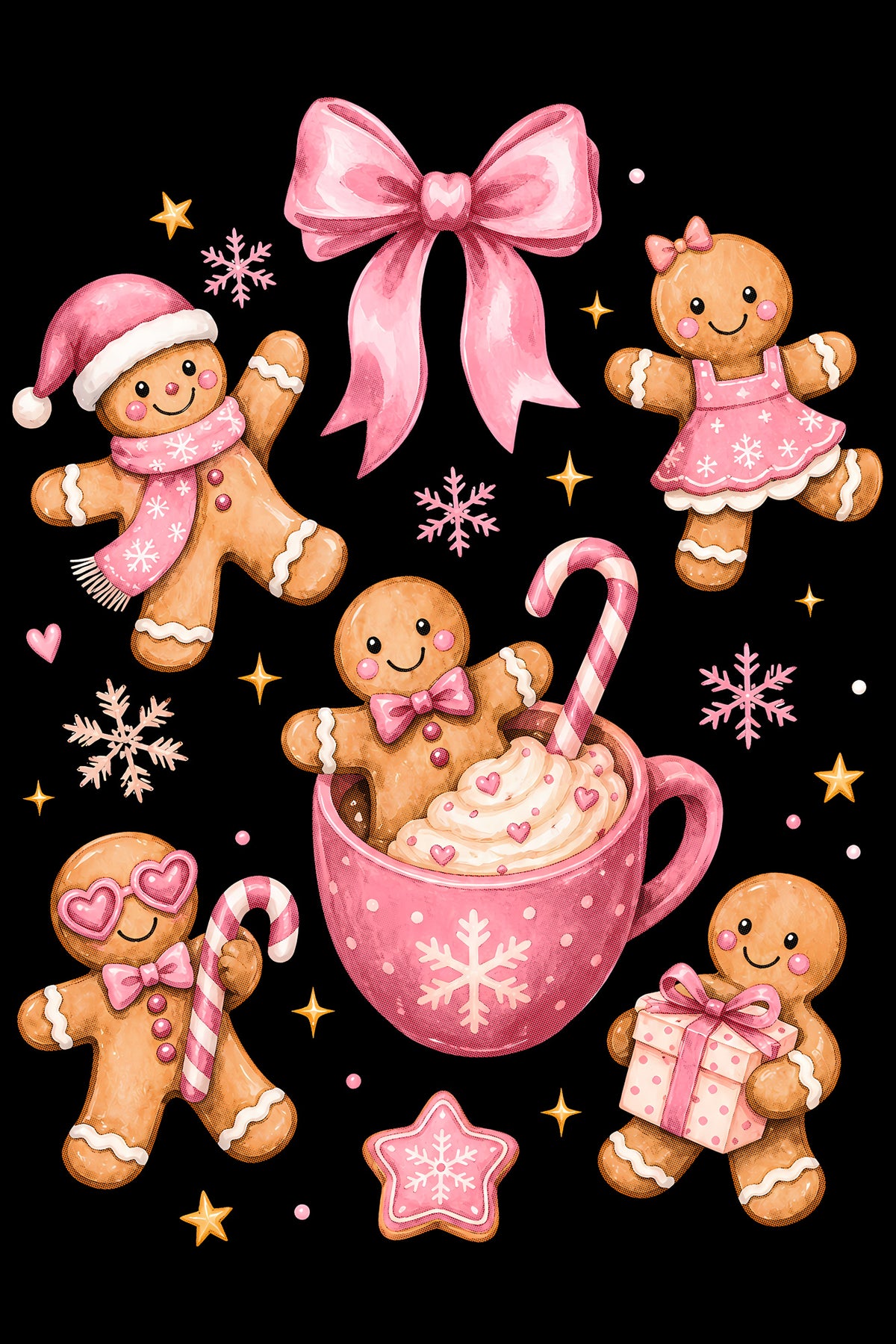 Christmas Halftone 035 - Pink Gingerbread and Christmas Cocoa - DTF transfer on black preview background