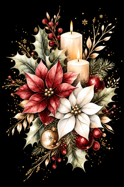 Christmas Halftone 037 - Christmas Poinsettias and Candlelight - DTF transfer on black preview background