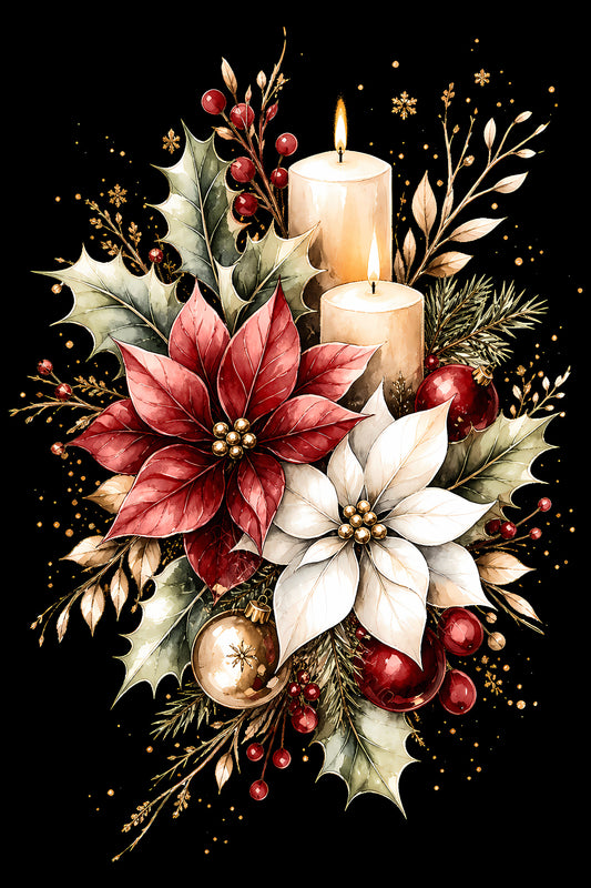 Christmas Halftone 037 - Christmas Poinsettias and Candlelight - DTF transfer on black preview background