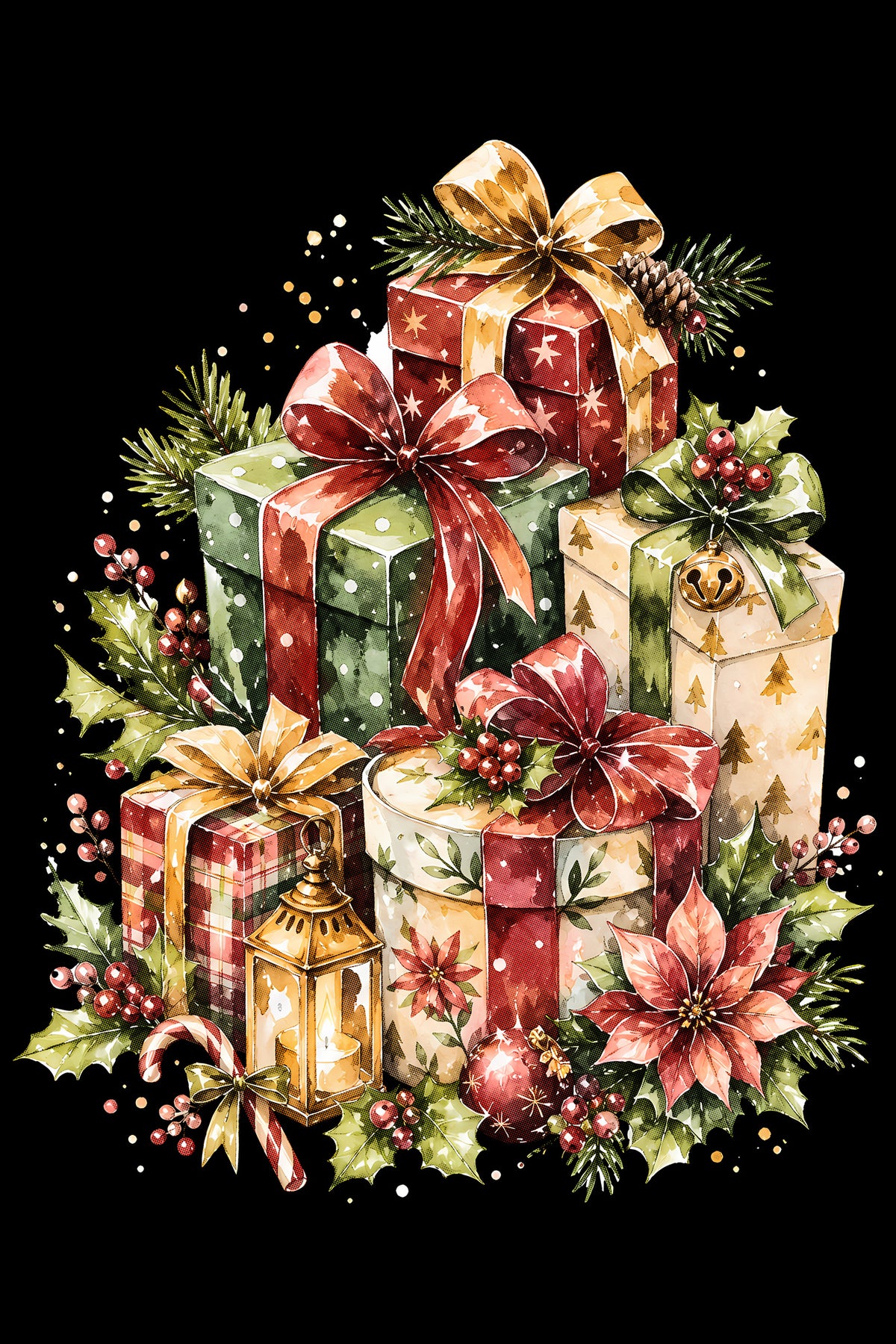 Christmas Halftone 038 - Stacked Christmas Gifts and Poinsettias - DTF transfer on black preview background