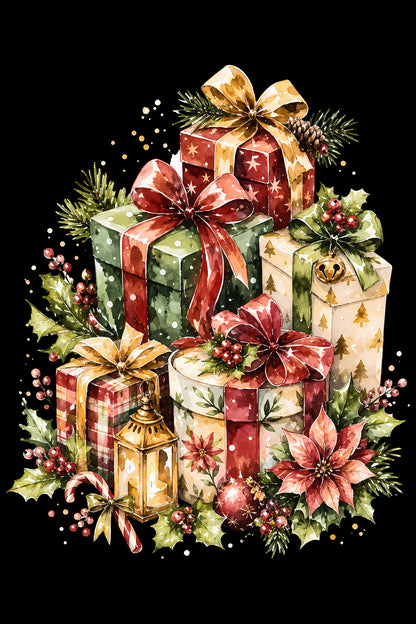Christmas Halftone 038 - Stacked Christmas Gifts and Poinsettias - DTF transfer on black preview background