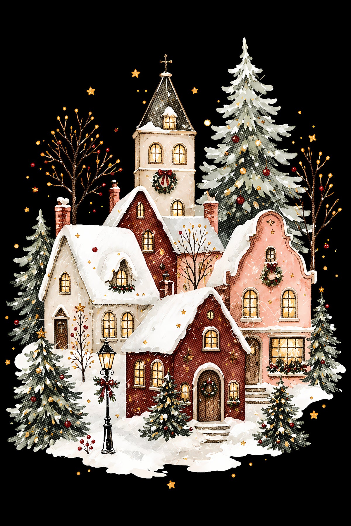Christmas Halftone 039 - Snowy Christmas Village - DTF transfer on black preview background