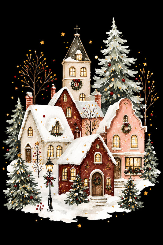 Christmas Halftone 039 - Snowy Christmas Village - DTF transfer on black preview background