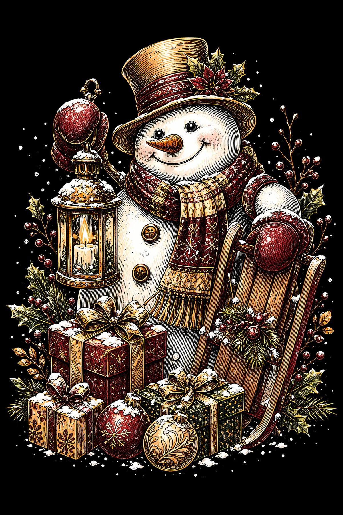 Christmas Halftone 040 - Snowman with Lantern and Wooden Sled - DTF transfer on black preview background