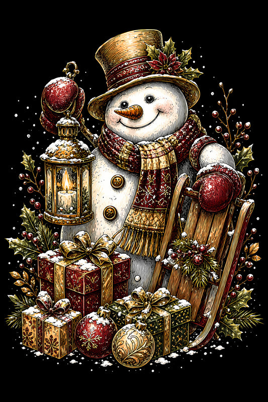 Christmas Halftone 040 - Snowman with Lantern and Wooden Sled - DTF transfer on black preview background