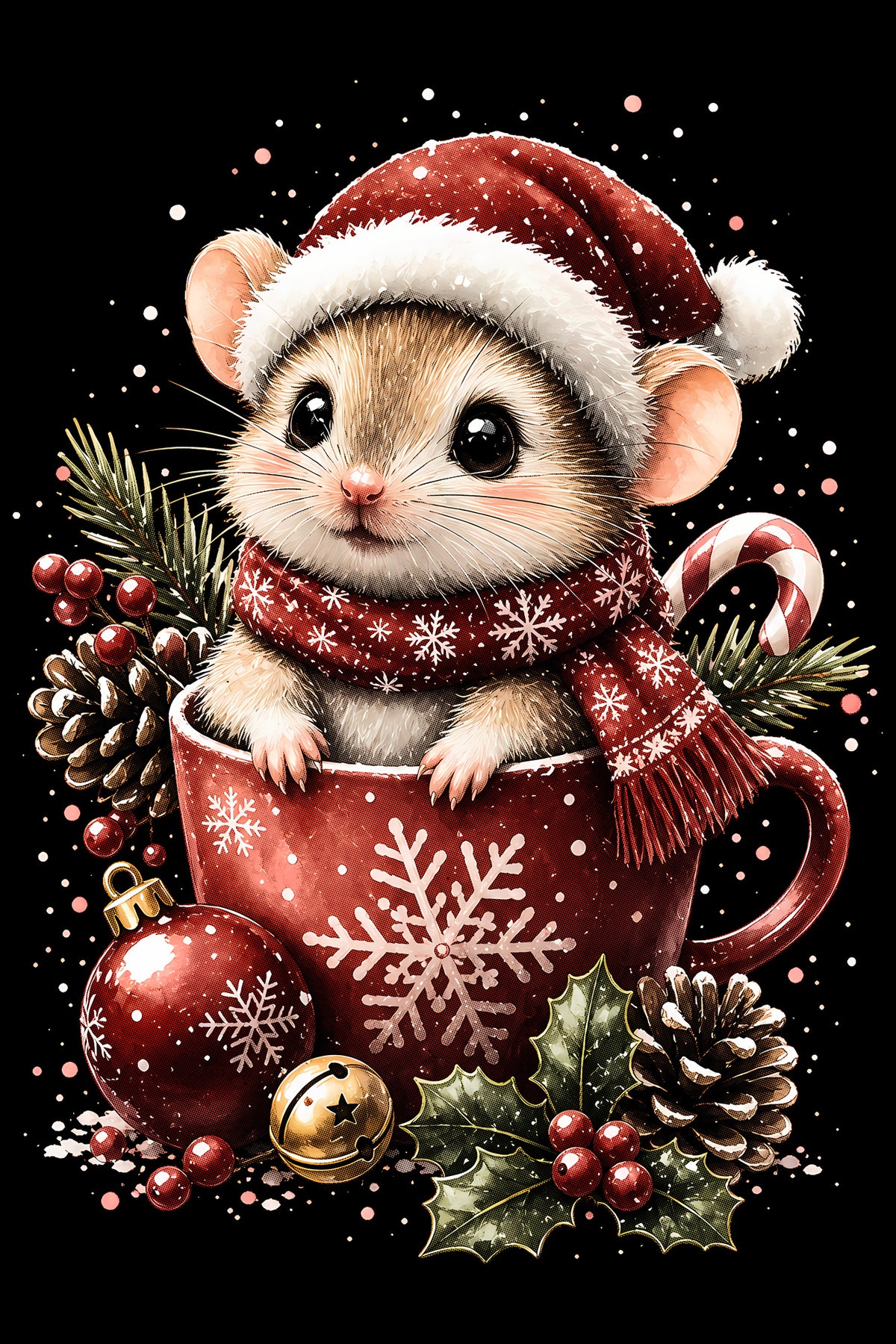Christmas Halftone 041 - Christmas Mouse in a Red Mug - DTF transfer on black preview background