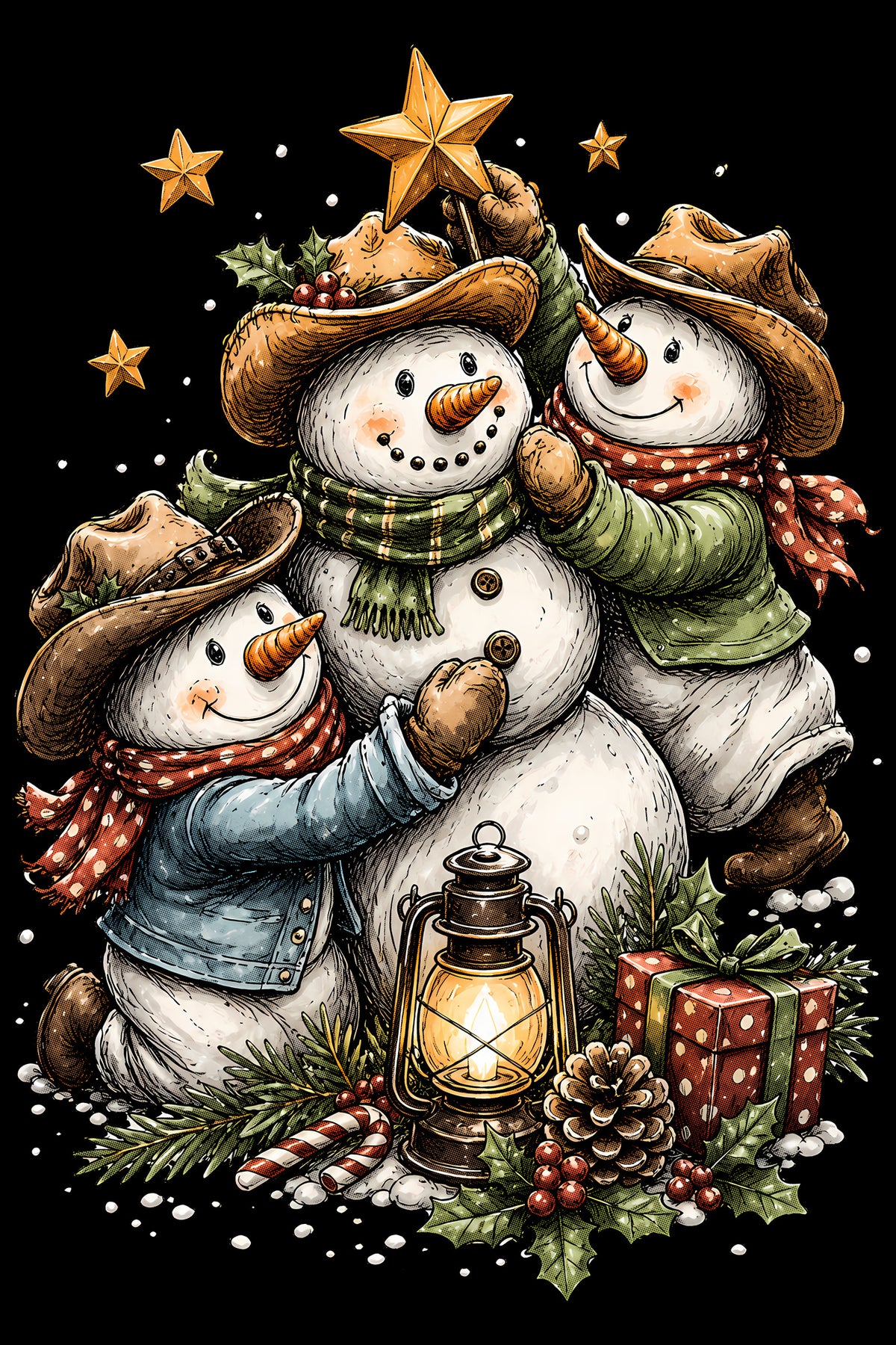 Christmas Halftone 042 - Cowboy Snowman Christmas Trio - DTF transfer on black preview background