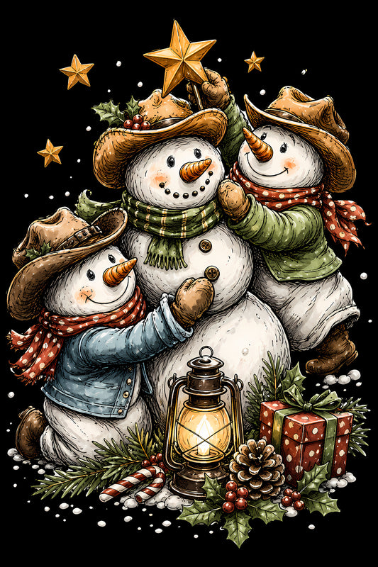 Christmas Halftone 042 - Cowboy Snowman Christmas Trio - DTF transfer on black preview background