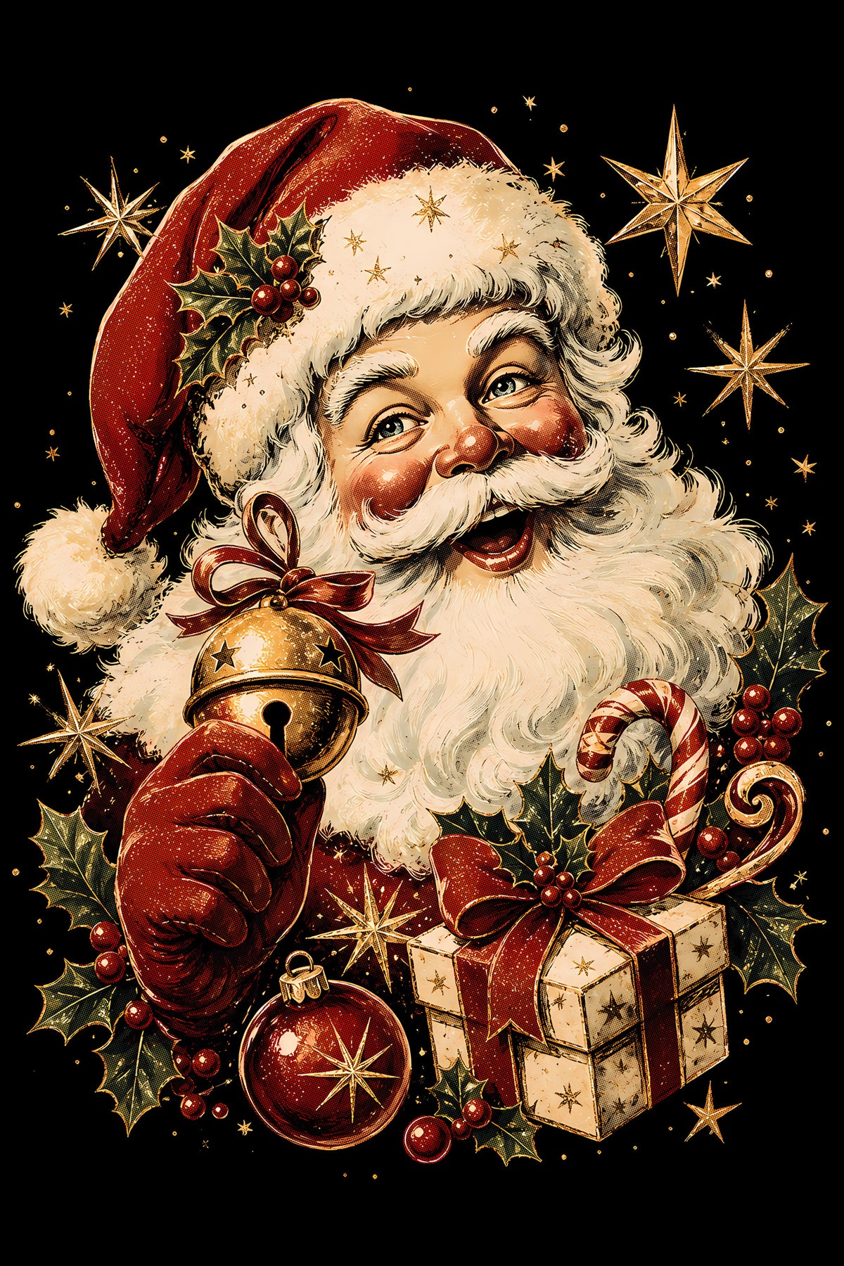 Christmas Halftone 043 - Jolly Santa Ringing a Bell - DTF transfer on black preview background