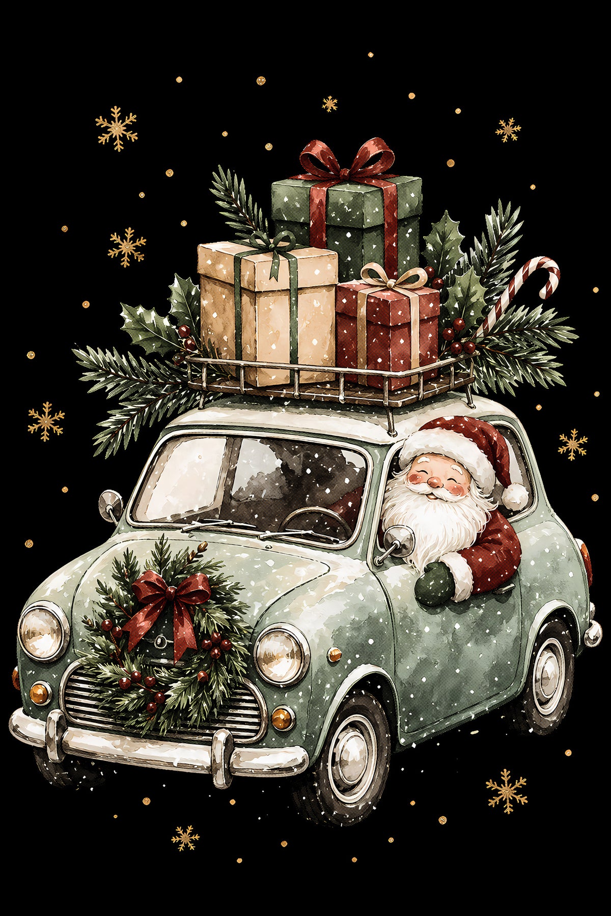 Christmas Halftone 044 - Santa's Christmas Delivery Car - DTF transfer on black preview background