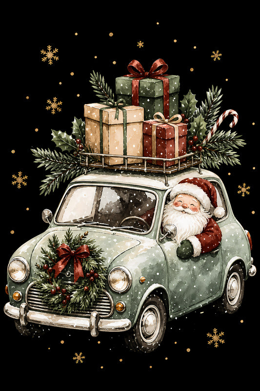 Christmas Halftone 044 - Santa's Christmas Delivery Car - DTF transfer on black preview background