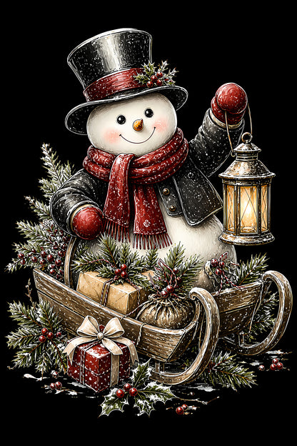 Christmas Halftone 045 - Snowman Riding a Wooden Sled - DTF transfer on black preview background