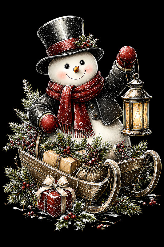 Christmas Halftone 045 - Snowman Riding a Wooden Sled - DTF transfer on black preview background