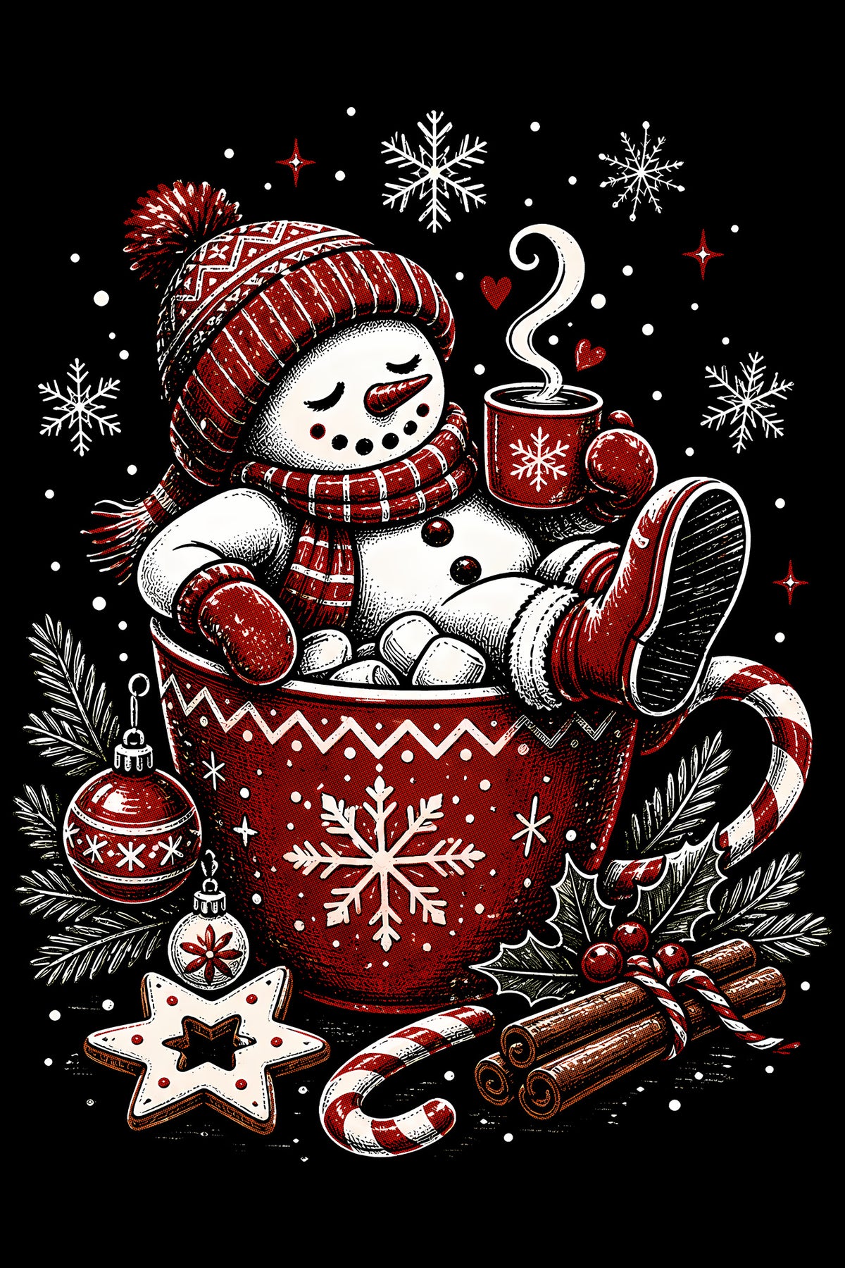 Christmas Halftone 046 - Cosy Snowman in a Cocoa Mug - DTF transfer on black preview background