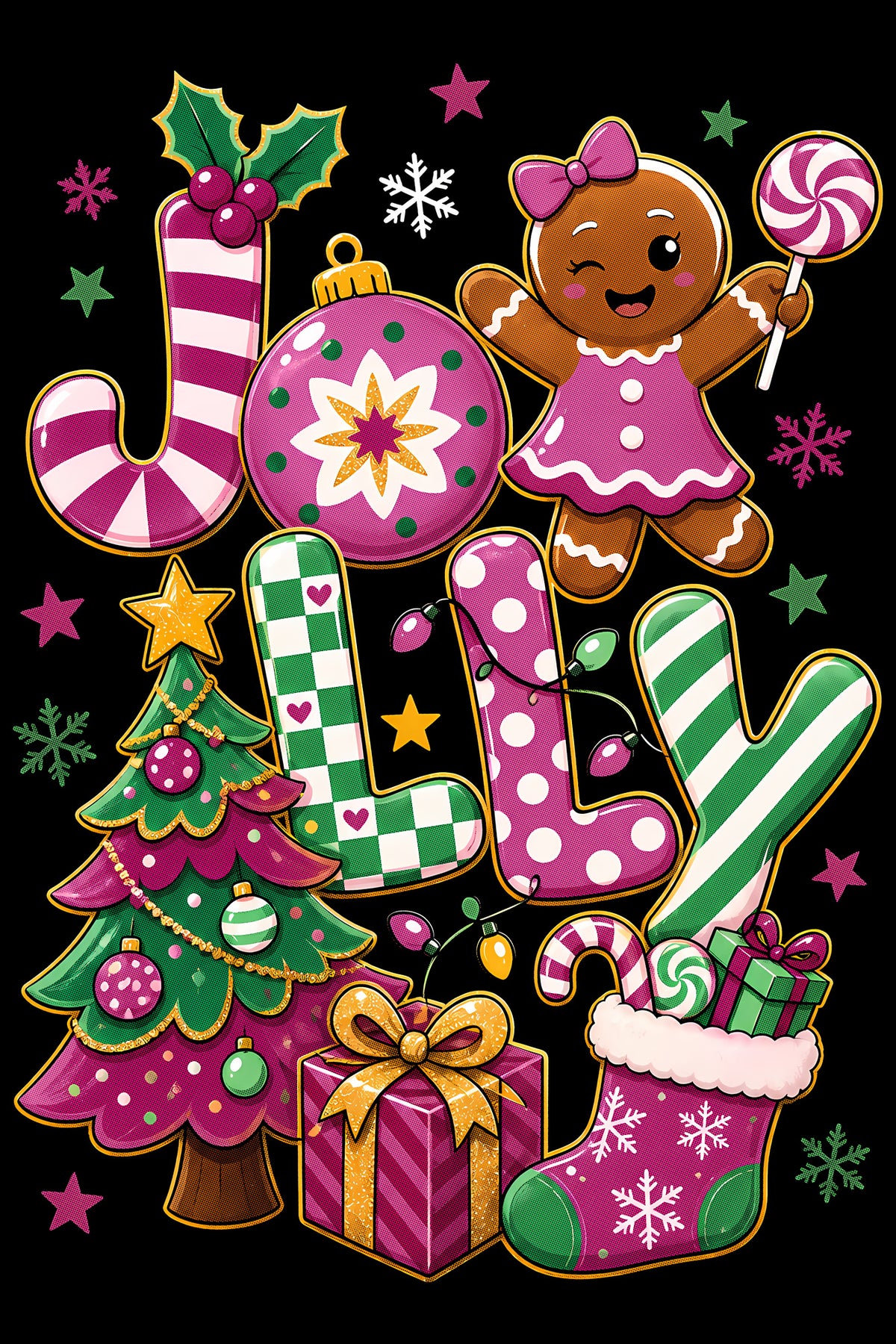 Christmas Halftone 047 - Jolly Pink and Green Christmas - DTF transfer on black preview background