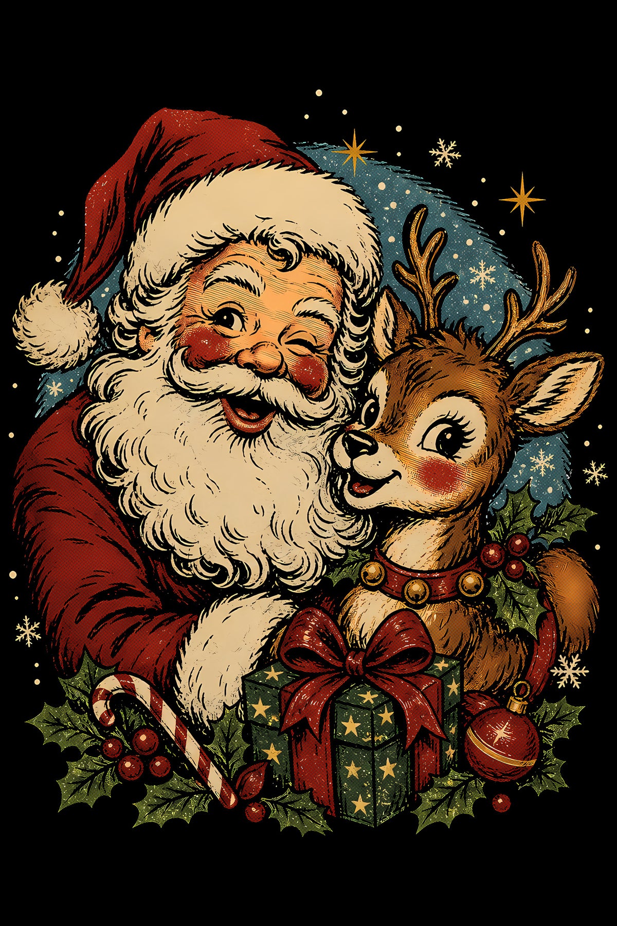 Christmas Halftone 048 - Santa and His Reindeer Friend - DTF transfer on black preview background