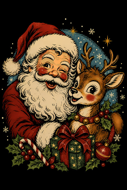 Christmas Halftone 048 - Santa and His Reindeer Friend - DTF transfer on black preview background